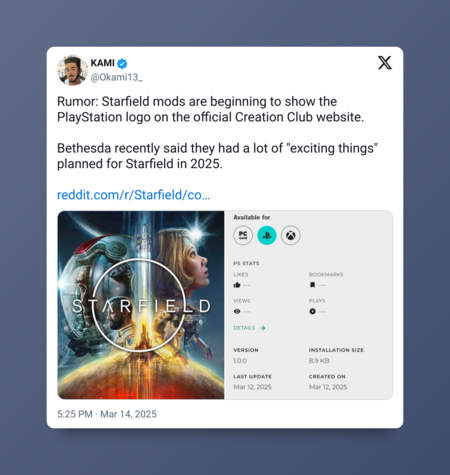 ¿Starfield en PS5? Parece cuestión de tiempo, pero los mods de Bethesda han mostrado el logo de PlayStation en la web oficial de Creation Club